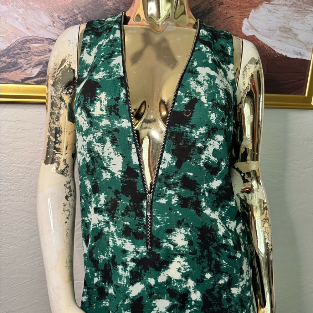 Deep V-neck Green Abstract Print Women's Top